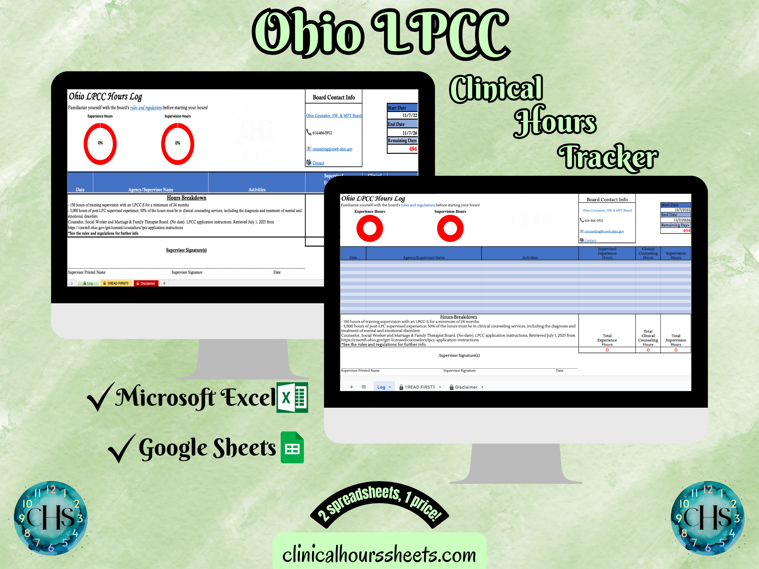 The image is a promotional graphic for a Ohio LPCC Clinical Hours Tracker, which is a software program used to track the hours worked by healthcare professionals. The graphic features a laptop displaying the Ohio LPCC Hours Log, along with a Microsoft Excel and a Google Sheets spreadsheet. The text on the image includes the words "Ohio LPCC", "Clinical Hours Tracker", "Microsoft Excel" and "Google Sheets" to describe the software and its purpose.