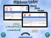 The image is a promotional graphic for a Oklahoma LMFT Clinical Hours Tracker, which is a software program used to track the hours worked by healthcare professionals. The graphic features a laptop displaying the Oklahoma LMFT Hours Log, along with a Microsoft Excel and a Google Sheets spreadsheet. The text on the image includes the words "Oklahoma LMFT", "Clinical Hours Tracker", "Microsoft Excel" and "Google Sheets" to describe the software and its purpose.