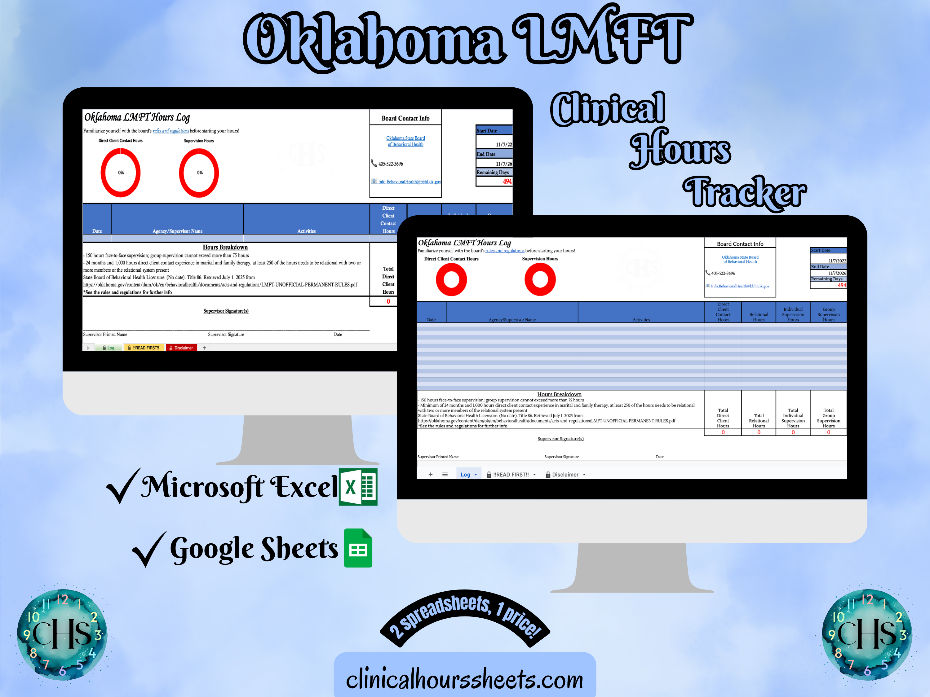 The image is a promotional graphic for a Oklahoma LMFT Clinical Hours Tracker, which is a software program used to track the hours worked by healthcare professionals. The graphic features a laptop displaying the Oklahoma LMFT Hours Log, along with a Microsoft Excel and a Google Sheets spreadsheet. The text on the image includes the words "Oklahoma LMFT", "Clinical Hours Tracker", "Microsoft Excel" and "Google Sheets" to describe the software and its purpose.