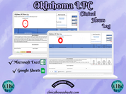 The image is a promotional graphic for a Oklahoma LPC Clinical Hours Log, which is a software program used to track the hours worked by healthcare professionals. The graphic features a laptop displaying the Oklahoma LPC Hours Log, along with a Microsoft Excel and a Google Sheets spreadsheet. The text on the image includes the words "Oklahoma LPC", "Clinical Hours Log", "Microsoft Excel" and "Google Sheets" to describe the software and its purpose.