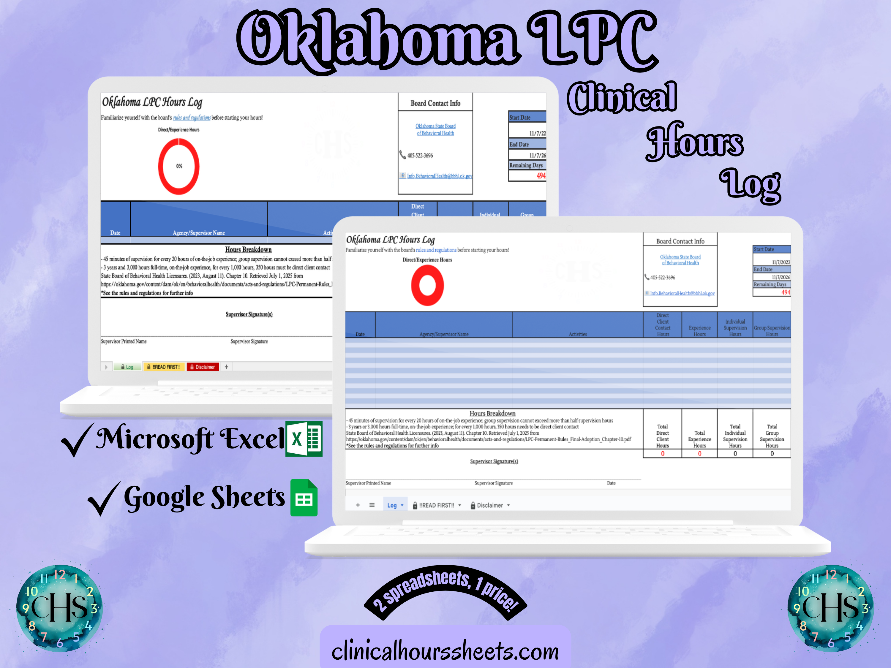 The image is a promotional graphic for a Oklahoma LPC Clinical Hours Log, which is a software program used to track the hours worked by healthcare professionals. The graphic features a laptop displaying the Oklahoma LPC Hours Log, along with a Microsoft Excel and a Google Sheets spreadsheet. The text on the image includes the words "Oklahoma LPC", "Clinical Hours Log", "Microsoft Excel" and "Google Sheets" to describe the software and its purpose.