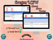 The image is a promotional graphic for a Oregon LCSW Clinical Hours Tracker, which is a software program used to track the hours worked by healthcare professionals. The graphic features a laptop displaying the Oregon LCSW Hours Log, along with a Microsoft Excel and a Google Sheets spreadsheet. The text on the image includes the words "Oregon LCSW", "Clinical Hours Tracker", "Microsoft Excel" and "Google Sheets" to describe the software and its purpose.
