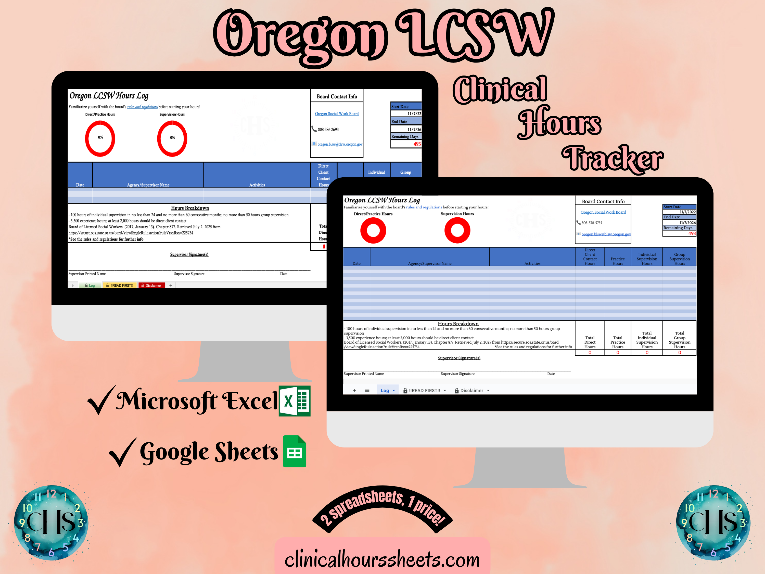 The image is a promotional graphic for a Oregon LCSW Clinical Hours Tracker, which is a software program used to track the hours worked by healthcare professionals. The graphic features a laptop displaying the Oregon LCSW Hours Log, along with a Microsoft Excel and a Google Sheets spreadsheet. The text on the image includes the words "Oregon LCSW", "Clinical Hours Tracker", "Microsoft Excel" and "Google Sheets" to describe the software and its purpose.