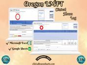 The image is a promotional graphic for a Oregon LMFT Clinical Hours Log, which is a software program used to track the hours worked by healthcare professionals. The graphic features a laptop displaying the Oregon LMFT Hours Log, along with a Microsoft Excel and a Google Sheets spreadsheet. The text on the image includes the words "Oregon LMFT", "Clinical Hours Log", "Microsoft Excel" and "Google Sheets" to describe the software and its purpose.