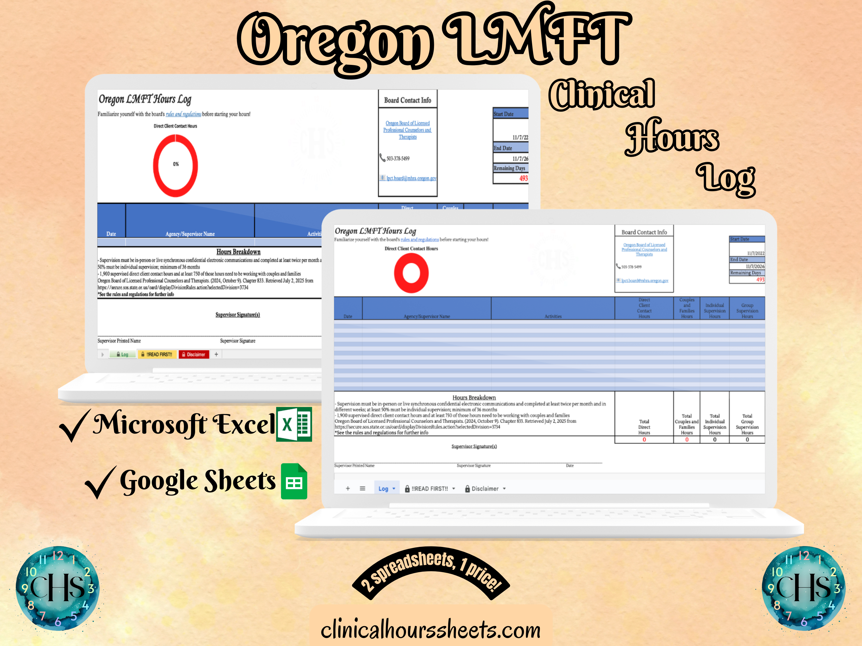 The image is a promotional graphic for a Oregon LMFT Clinical Hours Log, which is a software program used to track the hours worked by healthcare professionals. The graphic features a laptop displaying the Oregon LMFT Hours Log, along with a Microsoft Excel and a Google Sheets spreadsheet. The text on the image includes the words "Oregon LMFT", "Clinical Hours Log", "Microsoft Excel" and "Google Sheets" to describe the software and its purpose.