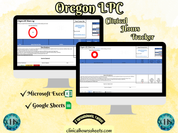 The image is a promotional graphic for a Oregon LPC Clinical Hours Tracker, which is a software program used to track the hours worked by healthcare professionals. The graphic features a laptop displaying the Oregon LPC Hours Log, along with a Microsoft Excel and a Google Sheets spreadsheet. The text on the image includes the words "Oregon LPC", "Clinical Hours Tracker", "Microsoft Excel" and "Google Sheets" to describe the software and its purpose.