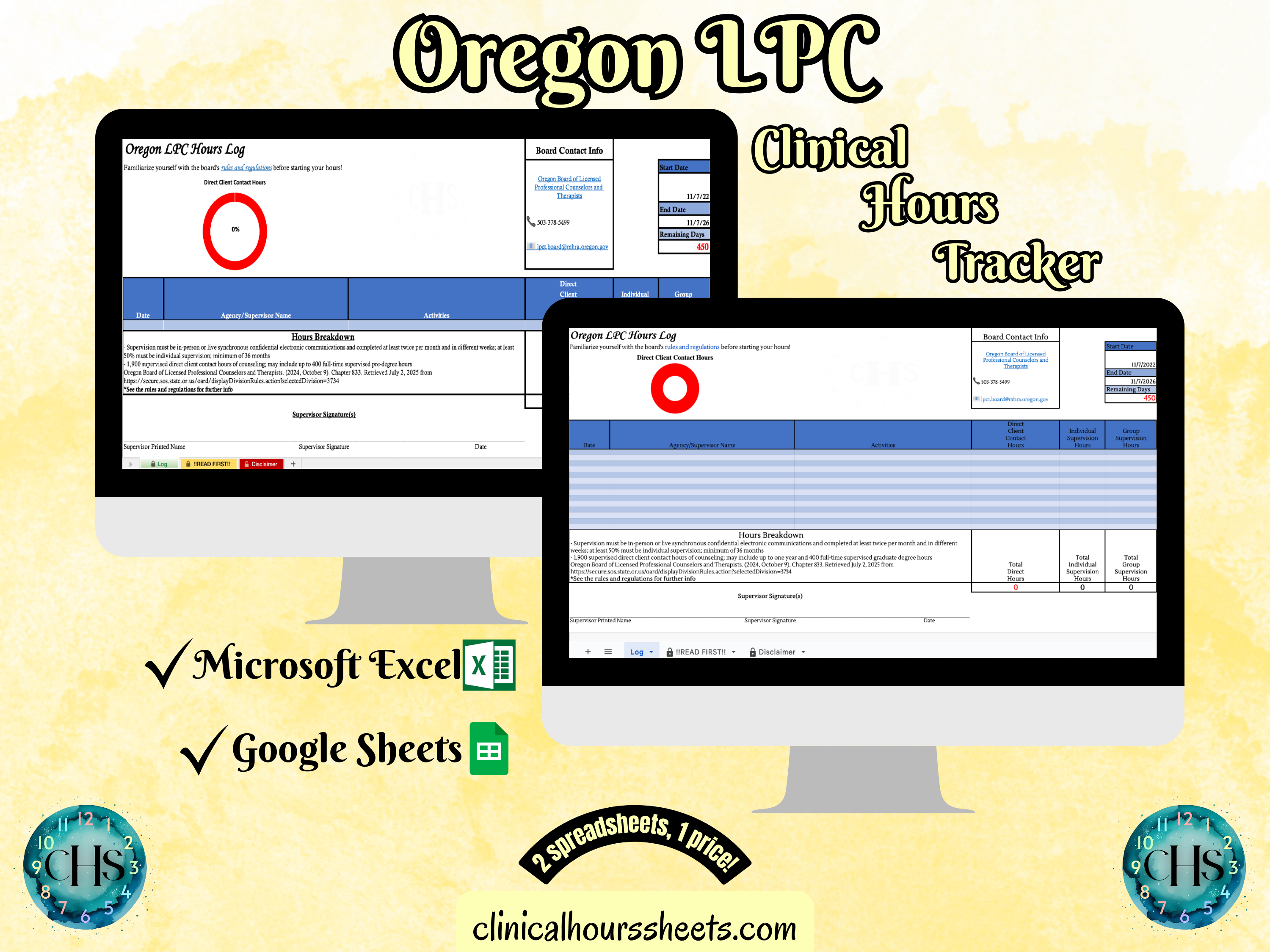 The image is a promotional graphic for a Oregon LPC Clinical Hours Tracker, which is a software program used to track the hours worked by healthcare professionals. The graphic features a laptop displaying the Oregon LPC Hours Log, along with a Microsoft Excel and a Google Sheets spreadsheet. The text on the image includes the words "Oregon LPC", "Clinical Hours Tracker", "Microsoft Excel" and "Google Sheets" to describe the software and its purpose.