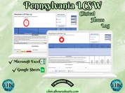 The image is a promotional graphic for a Pennsylvania LCSW Clinical Hours Log, which is a software program used to track the hours worked by healthcare professionals. The graphic features a laptop displaying the Pennsylvania LCSW Hours Log, along with a Microsoft Excel and a Google Sheets spreadsheet. The text on the image includes the words "Pennsylvania LCSW", "Clinical Hours Log", "Microsoft Excel" and "Google Sheets" to describe the software and its purpose.