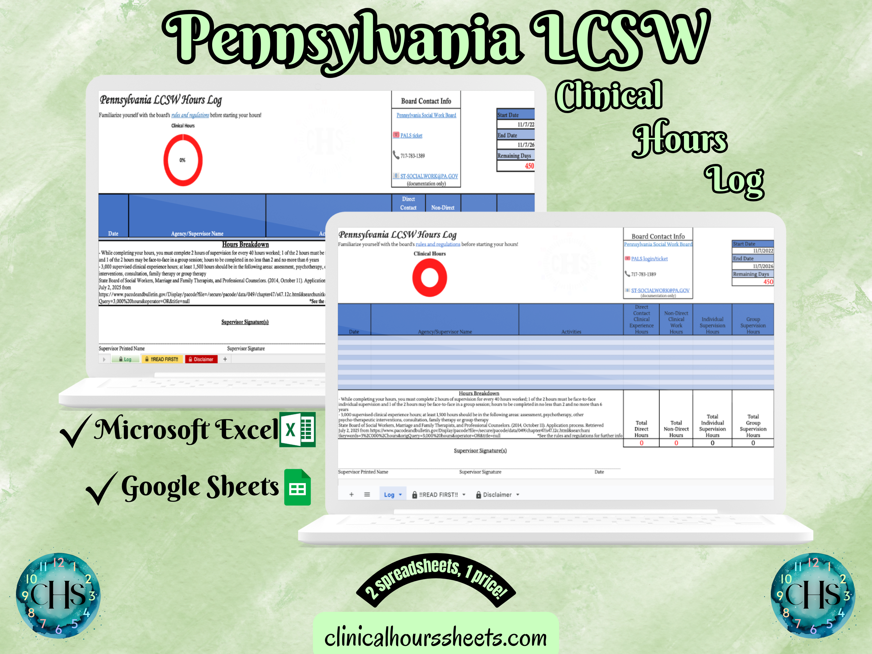 The image is a promotional graphic for a Pennsylvania LCSW Clinical Hours Log, which is a software program used to track the hours worked by healthcare professionals. The graphic features a laptop displaying the Pennsylvania LCSW Hours Log, along with a Microsoft Excel and a Google Sheets spreadsheet. The text on the image includes the words "Pennsylvania LCSW", "Clinical Hours Log", "Microsoft Excel" and "Google Sheets" to describe the software and its purpose.
