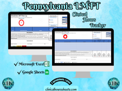 The image is a promotional graphic for a Pennsylvania LMFT Clinical Hours Tracker, which is a software program used to track the hours worked by healthcare professionals. The graphic features a laptop displaying the Pennsylvania LMFT Hours Log, along with a Microsoft Excel and a Google Sheets spreadsheet. The text on the image includes the words "Pennsylvania LMFT", "Clinical Hours Tracker", "Microsoft Excel" and "Google Sheets" to describe the software and its purpose.
