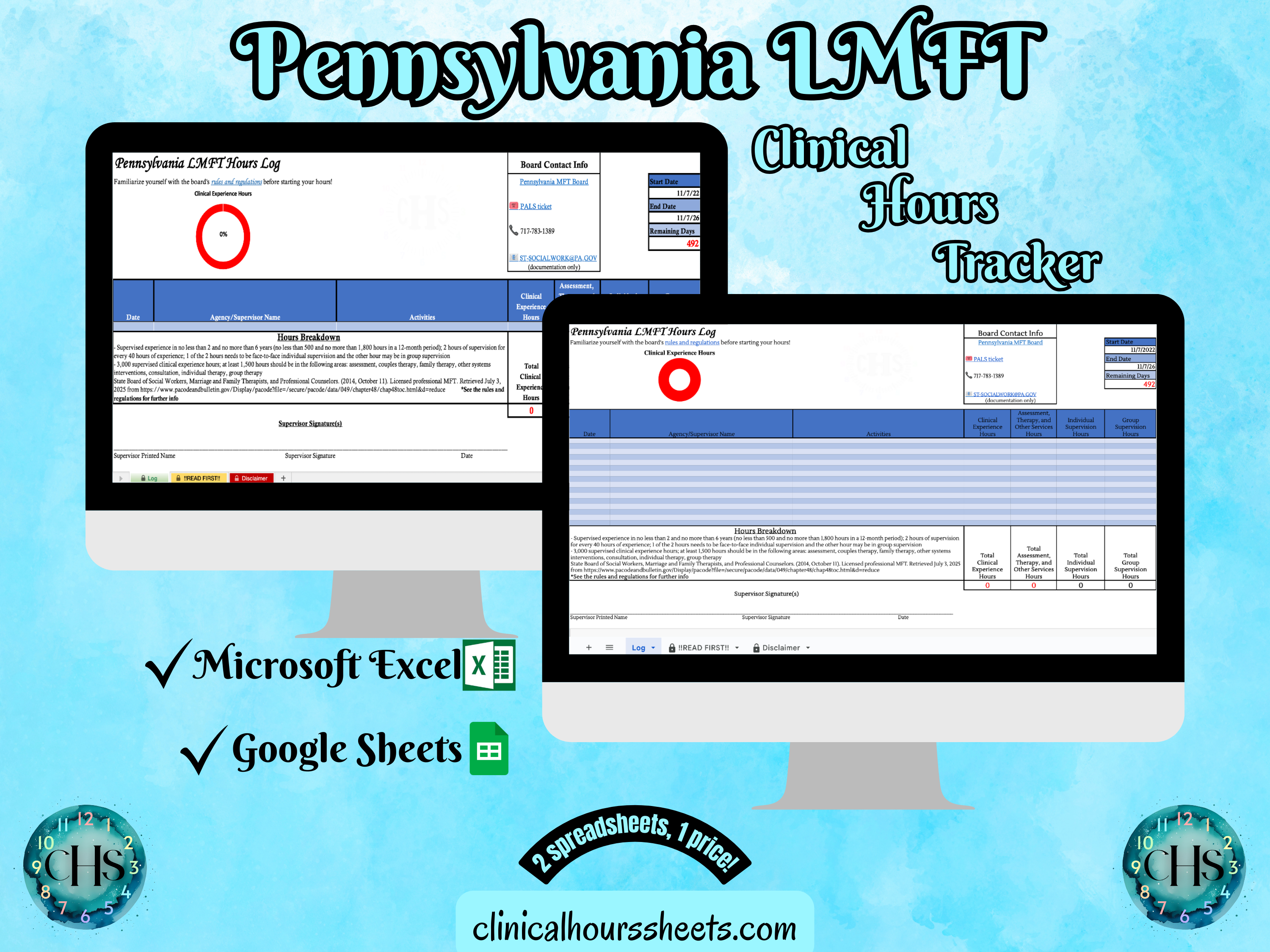 The image is a promotional graphic for a Pennsylvania LMFT Clinical Hours Tracker, which is a software program used to track the hours worked by healthcare professionals. The graphic features a laptop displaying the Pennsylvania LMFT Hours Log, along with a Microsoft Excel and a Google Sheets spreadsheet. The text on the image includes the words "Pennsylvania LMFT", "Clinical Hours Tracker", "Microsoft Excel" and "Google Sheets" to describe the software and its purpose.