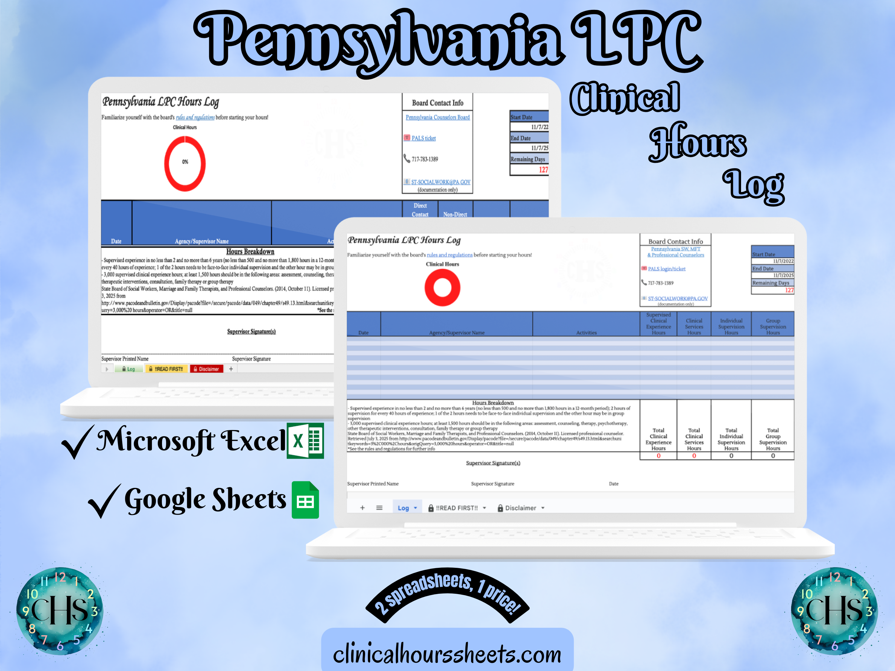 The image is a promotional graphic for a Pennsylvania LPC Clinical Hours Log, which is a software program used to track the hours worked by healthcare professionals. The graphic features a laptop displaying the Pennsylvania LPC Hours Log, along with a Microsoft Excel and a Google Sheets spreadsheet. The text on the image includes the words "Pennsylvania LPC", "Clinical Hours Log", "Microsoft Excel" and "Google Sheets" to describe the software and its purpose.
