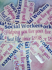 Stickers with text about social workers and their history on a textured background