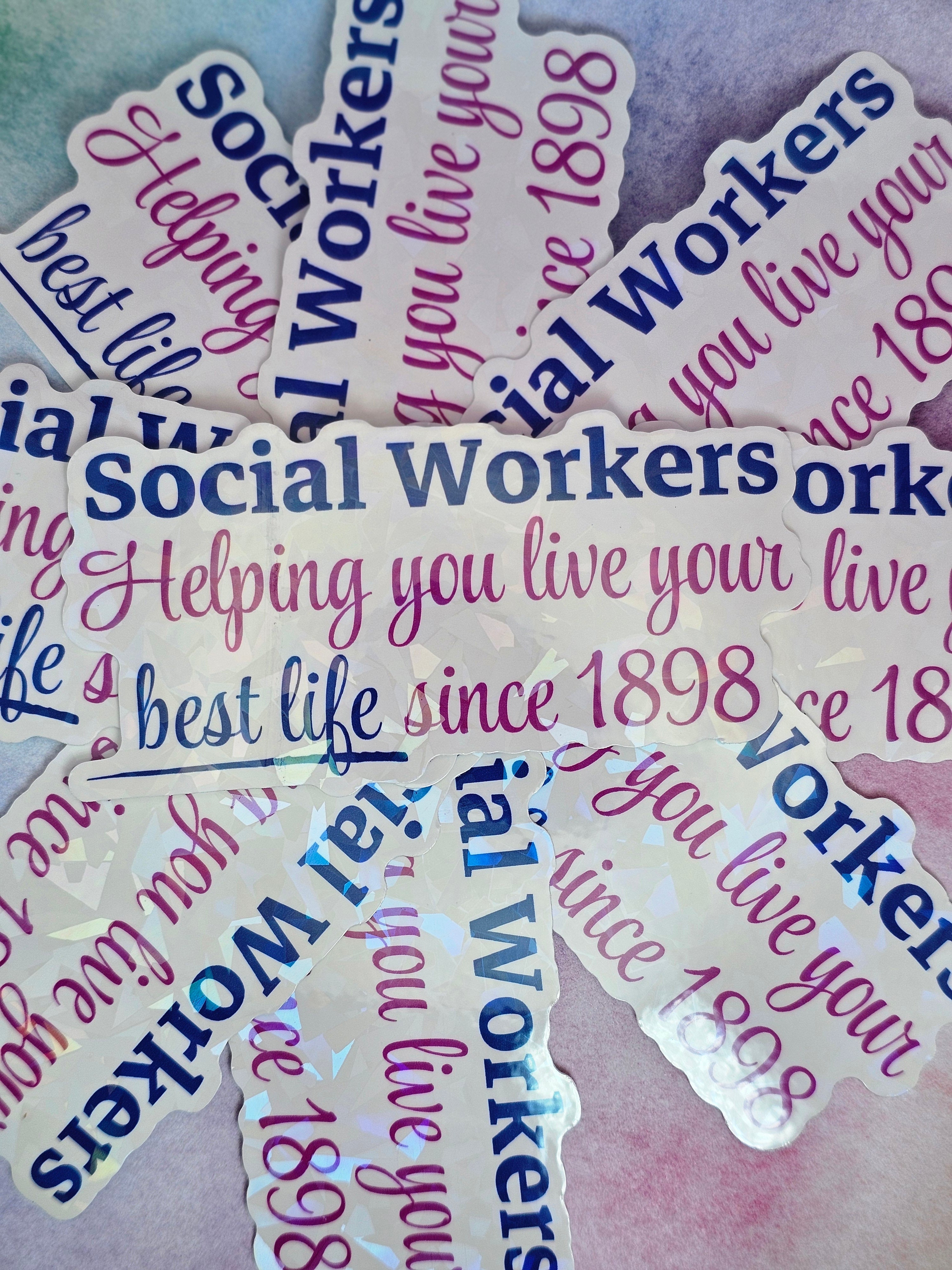 Stickers with text about social workers and their history on a textured background