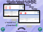 The image is a promotional graphic for a Rhode Island LCMHC Clinical Hours Tracker, which is a software program used to track the hours worked by healthcare professionals. The graphic features a laptop displaying the Rhode Island LCMHC Hours Log, along with a Microsoft Excel and a Google Sheets spreadsheet. The text on the image includes the words "Rhode Island LCMHC", "Clinical Hours Tracker", "Microsoft Excel" and "Google Sheets" to describe the software and its purpose.