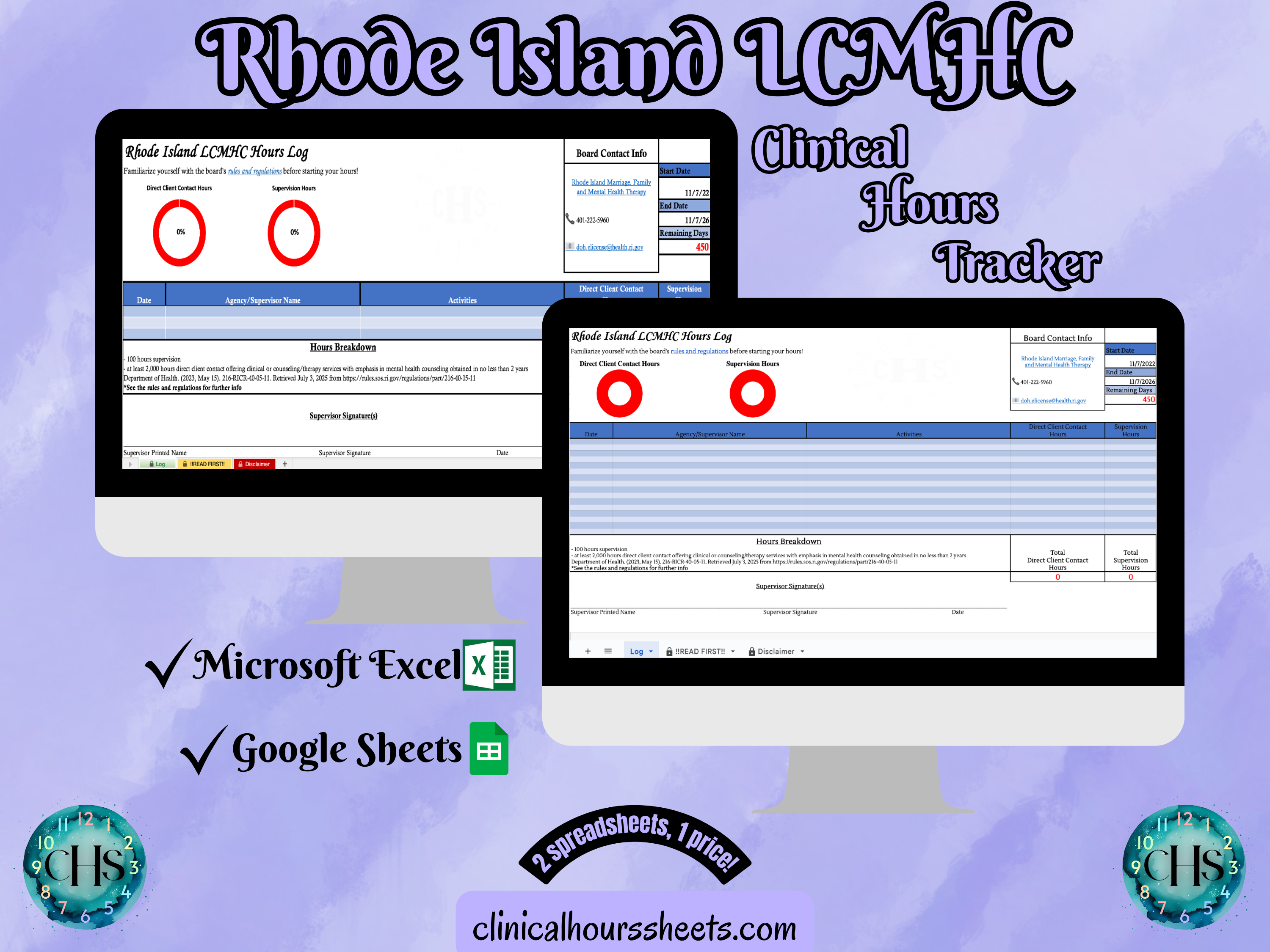 The image is a promotional graphic for a Rhode Island LCMHC Clinical Hours Tracker, which is a software program used to track the hours worked by healthcare professionals. The graphic features a laptop displaying the Rhode Island LCMHC Hours Log, along with a Microsoft Excel and a Google Sheets spreadsheet. The text on the image includes the words "Rhode Island LCMHC", "Clinical Hours Tracker", "Microsoft Excel" and "Google Sheets" to describe the software and its purpose.