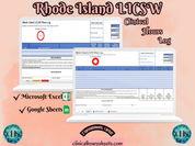 The image is a promotional graphic for a Rhode Island LICSW Clinical Hours Log, which is a software program used to track the hours worked by healthcare professionals. The graphic features a laptop displaying the Rhode Island LICSW Hours Log, along with a Microsoft Excel and a Google Sheets spreadsheet. The text on the image includes the words "Rhode Island LICSW", "Clinical Hours Log", "Microsoft Excel" and "Google Sheets" to describe the software and its purpose.