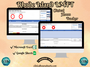 The image is a promotional graphic for a Rhode Island LMFT Clinical Hours Tracker, which is a software program used to track the hours worked by healthcare professionals. The graphic features a laptop displaying the Rhode Island LMFT Hours Log, along with a Microsoft Excel and a Google Sheets spreadsheet. The text on the image includes the words "Rhode Island LMFT", "Clinical Hours Tracker", "Microsoft Excel" and "Google Sheets" to describe the software and its purpose.