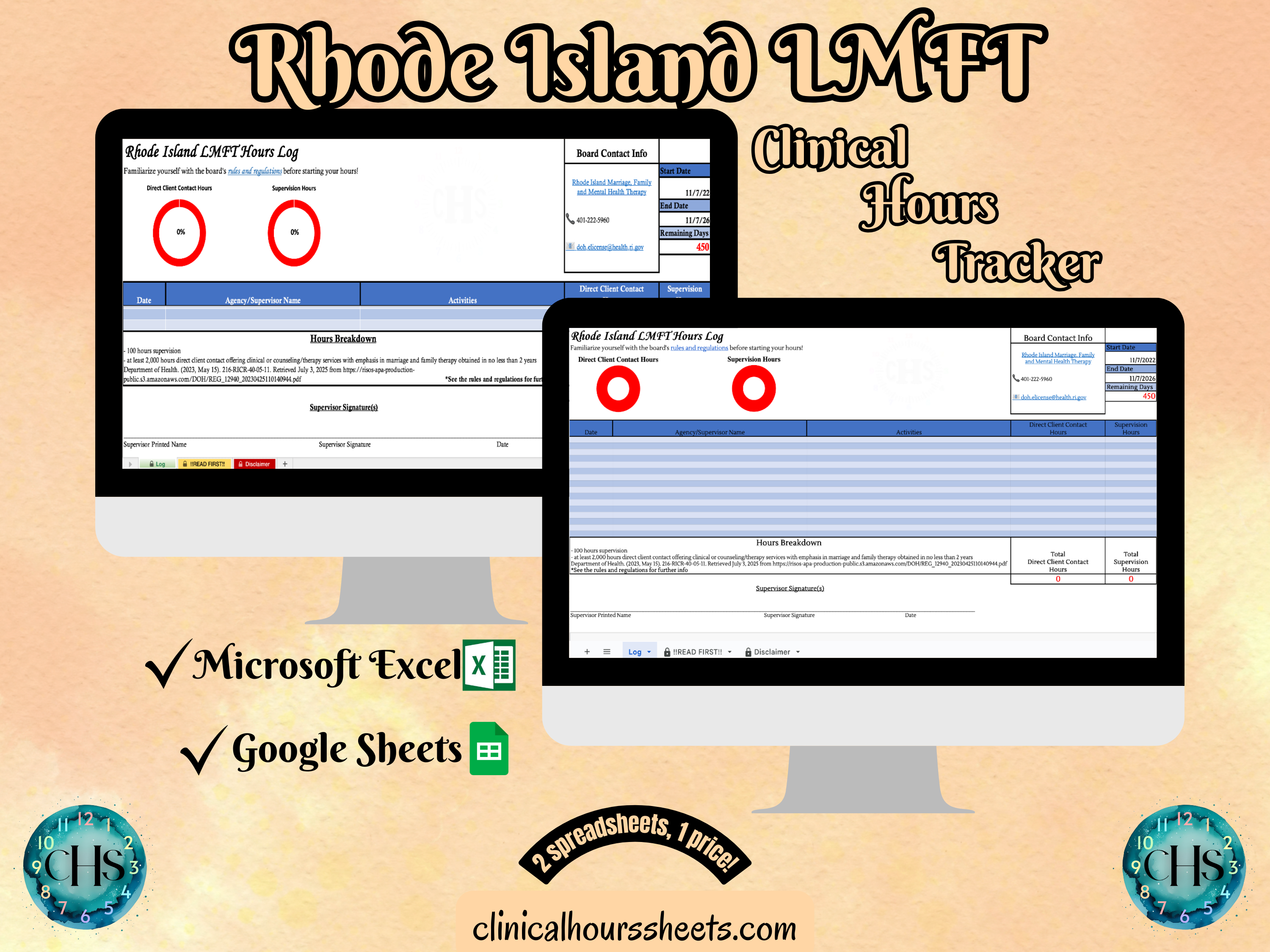 The image is a promotional graphic for a Rhode Island LMFT Clinical Hours Tracker, which is a software program used to track the hours worked by healthcare professionals. The graphic features a laptop displaying the Rhode Island LMFT Hours Log, along with a Microsoft Excel and a Google Sheets spreadsheet. The text on the image includes the words "Rhode Island LMFT", "Clinical Hours Tracker", "Microsoft Excel" and "Google Sheets" to describe the software and its purpose.