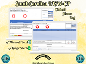The image is a promotional graphic for a South Carolina LISW-CP Clinical Hours Log, which is a software program used to track the hours worked by healthcare professionals. The graphic features a laptop displaying the South Carolina LISW-CP Hours Log, along with a Microsoft Excel and a Google Sheets spreadsheet. The text on the image includes the words "South Carolina LISW-CP", "Clinical Hours Log", "Microsoft Excel" and "Google Sheets" to describe the software and its purpose.