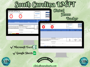 The image is a promotional graphic for a South Carolina LMFT Clinical Hours Tracker, which is a software program used to track the hours worked by healthcare professionals. The graphic features a laptop displaying the South Carolina LMFT Hours Log, along with a Microsoft Excel and a Google Sheets spreadsheet. The text on the image includes the words "South Carolina LMFT", "Clinical Hours Tracker", "Microsoft Excel" and "Google Sheets" to describe the software and its purpose.