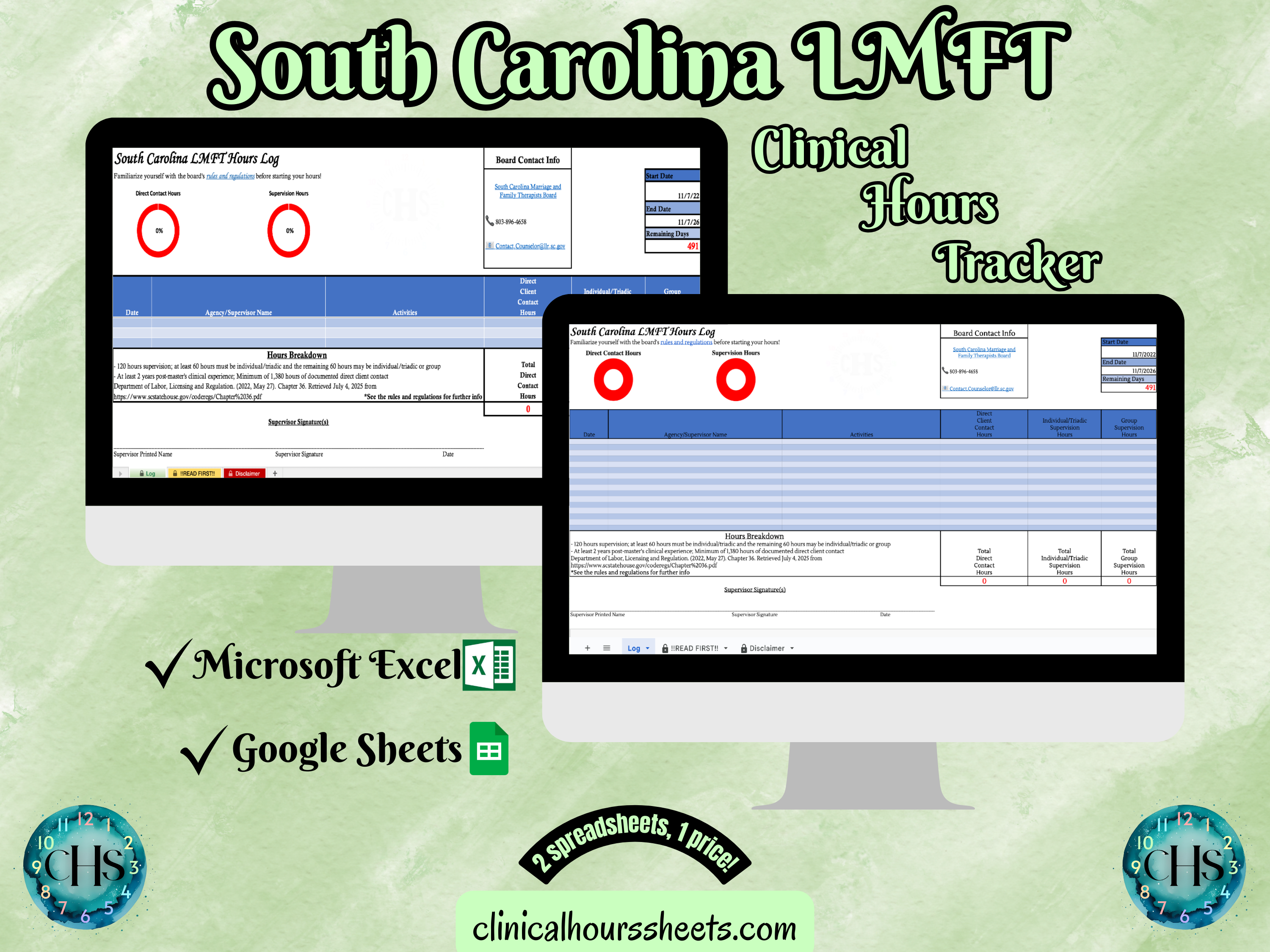 The image is a promotional graphic for a South Carolina LMFT Clinical Hours Tracker, which is a software program used to track the hours worked by healthcare professionals. The graphic features a laptop displaying the South Carolina LMFT Hours Log, along with a Microsoft Excel and a Google Sheets spreadsheet. The text on the image includes the words "South Carolina LMFT", "Clinical Hours Tracker", "Microsoft Excel" and "Google Sheets" to describe the software and its purpose.