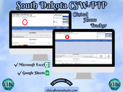 The image is a promotional graphic for a South Dakota CSW-PIP Clinical Hours Tracker, which is a software program used to track the hours worked by healthcare professionals. The graphic features a laptop displaying the South Dakota CSW-PIP Hours Log, along with a Microsoft Excel and a Google Sheets spreadsheet. The text on the image includes the words "South Dakota CSW-PIP", "Clinical Hours Tracker", "Microsoft Excel" and "Google Sheets" to describe the software and its purpose.