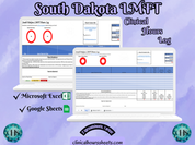 The image is a promotional graphic for a South Dakota LMFT Clinical Hours Log, which is a software program used to track the hours worked by healthcare professionals. The graphic features a laptop displaying the South Dakota LMFT Hours Log, along with a Microsoft Excel and a Google Sheets spreadsheet. The text on the image includes the words "South Dakota LMFT", "Clinical Hours Log", "Microsoft Excel" and "Google Sheets" to describe the software and its purpose.