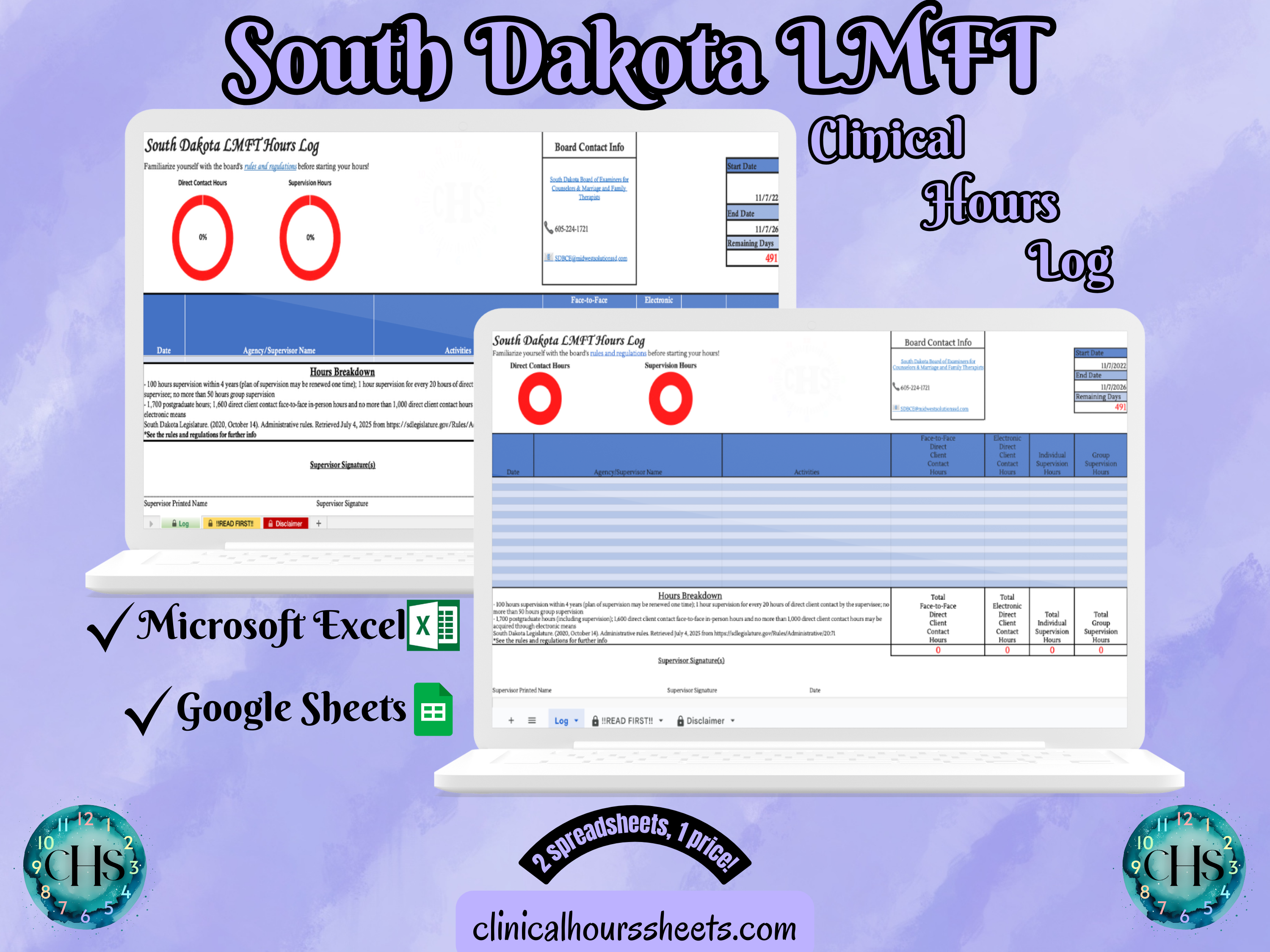 The image is a promotional graphic for a South Dakota LMFT Clinical Hours Log, which is a software program used to track the hours worked by healthcare professionals. The graphic features a laptop displaying the South Dakota LMFT Hours Log, along with a Microsoft Excel and a Google Sheets spreadsheet. The text on the image includes the words "South Dakota LMFT", "Clinical Hours Log", "Microsoft Excel" and "Google Sheets" to describe the software and its purpose.
