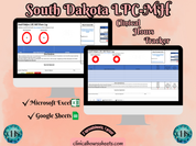 The image is a promotional graphic for a South Dakota LPC-MH Clinical Hours Tracker, which is a software program used to track the hours worked by healthcare professionals. The graphic features a laptop displaying the South Dakota LPC-MH Hours Log, along with a Microsoft Excel and a Google Sheets spreadsheet. The text on the image includes the words "South Dakota LPC-MH", "Clinical Hours Tracker", "Microsoft Excel" and "Google Sheets" to describe the software and its purpose.