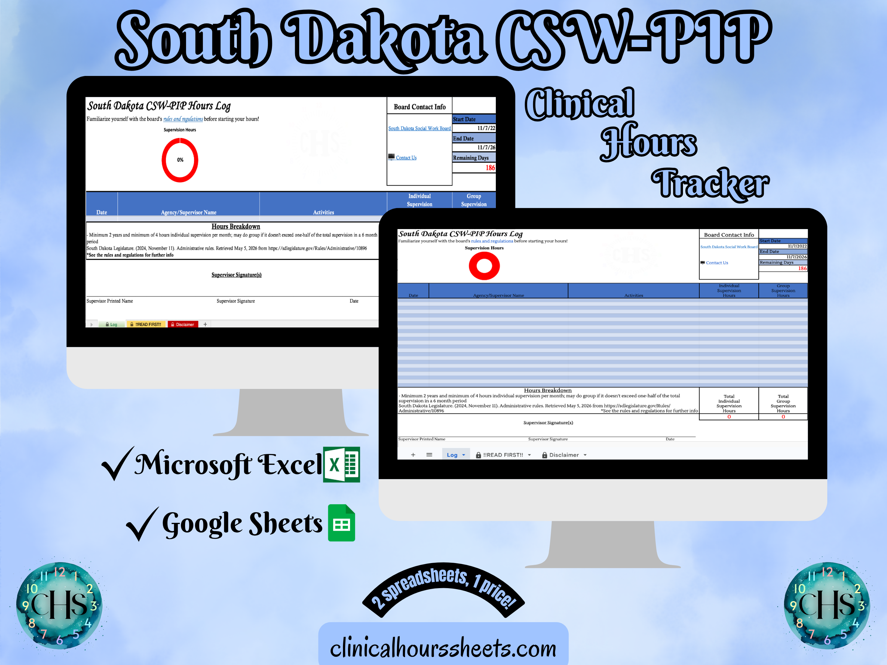 South Dakota CSW-PIP, Clinical Hours Tracker, Supervision Log for Master Social Worker - Student or MSW Graduation Gift
