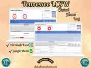 The image is a promotional graphic for a Tennessee LCSW Clinical Hours Log, which is a software program used to track the hours worked by healthcare professionals. The graphic features a laptop displaying the Tennessee LCSW Hours Log, along with a Microsoft Excel and a Google Sheets spreadsheet. The text on the image includes the words "Tennessee LCSW", "Clinical Hours Log", "Microsoft Excel" and "Google Sheets" to describe the software and its purpose.
