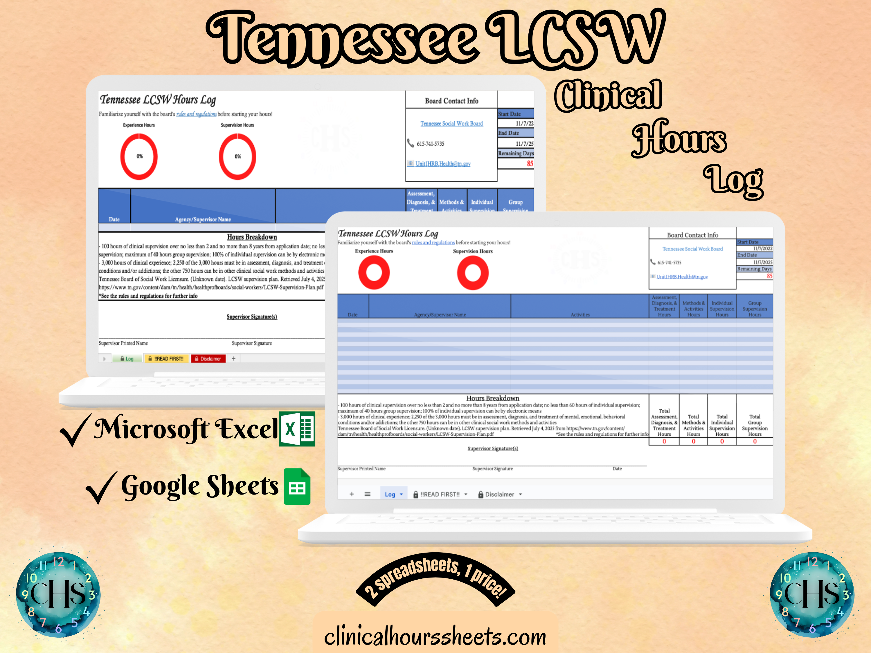 The image is a promotional graphic for a Tennessee LCSW Clinical Hours Log, which is a software program used to track the hours worked by healthcare professionals. The graphic features a laptop displaying the Tennessee LCSW Hours Log, along with a Microsoft Excel and a Google Sheets spreadsheet. The text on the image includes the words "Tennessee LCSW", "Clinical Hours Log", "Microsoft Excel" and "Google Sheets" to describe the software and its purpose.