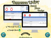 The image is a promotional graphic for a Tennessee LMFT Clinical Hours Tracker, which is a software program used to track the hours worked by healthcare professionals. The graphic features a laptop displaying the Tennessee LMFT Hours Log, along with a Microsoft Excel and a Google Sheets spreadsheet. The text on the image includes the words "Tennessee LMFT", "Clinical Hours Tracker", "Microsoft Excel" and "Google Sheets" to describe the software and its purpose.
