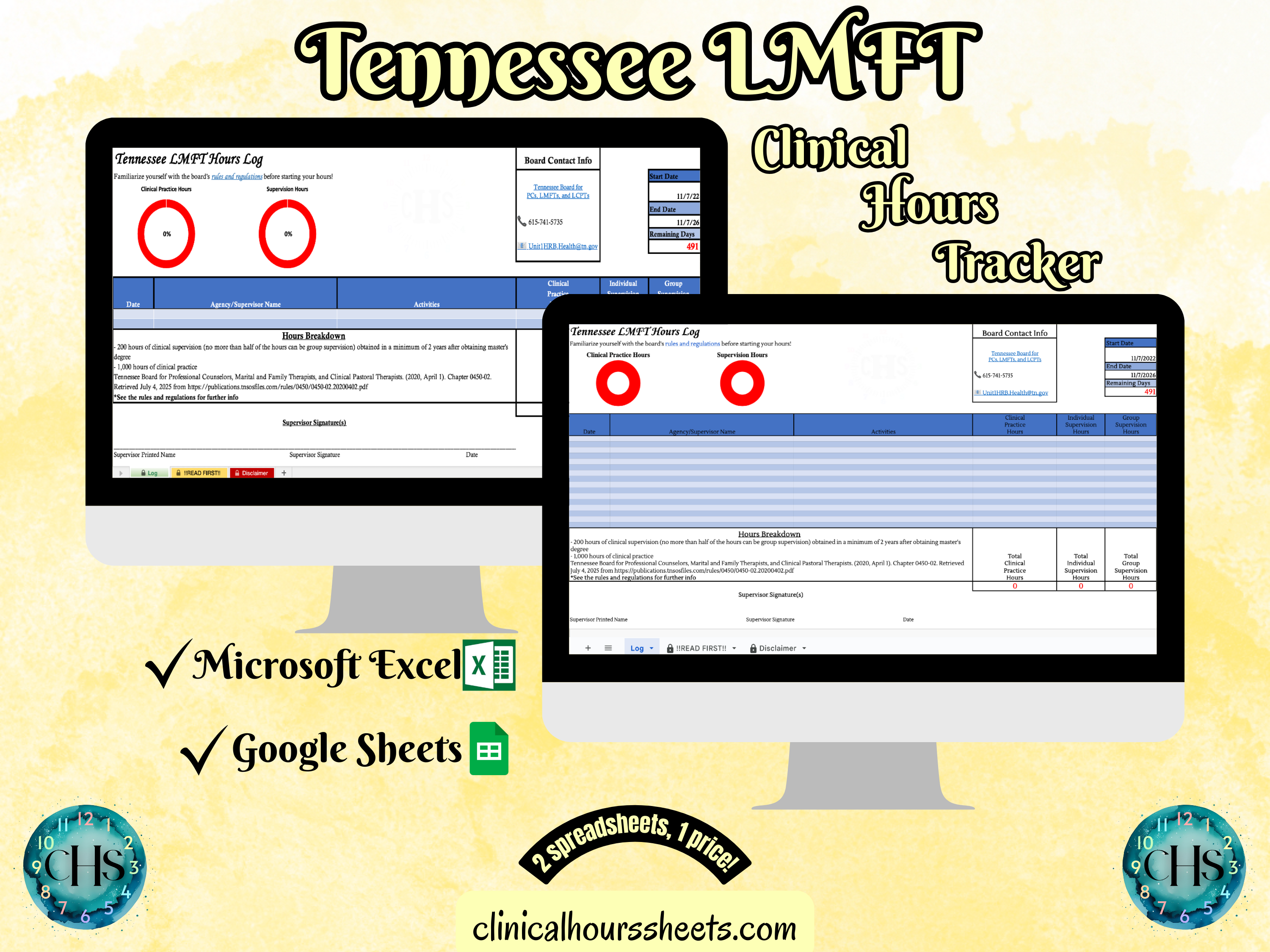 The image is a promotional graphic for a Tennessee LMFT Clinical Hours Tracker, which is a software program used to track the hours worked by healthcare professionals. The graphic features a laptop displaying the Tennessee LMFT Hours Log, along with a Microsoft Excel and a Google Sheets spreadsheet. The text on the image includes the words "Tennessee LMFT", "Clinical Hours Tracker", "Microsoft Excel" and "Google Sheets" to describe the software and its purpose.