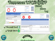 The image is a promotional graphic for a Tennessee LPC/MHSP Clinical Hours Log, which is a software program used to track the hours worked by healthcare professionals. The graphic features a laptop displaying the Tennessee LPC/MHSP Hours Log, along with a Microsoft Excel and a Google Sheets spreadsheet. The text on the image includes the words "Tennessee LPC/MHSP", "Clinical Hours Log", "Microsoft Excel" and "Google Sheets" to describe the software and its purpose.