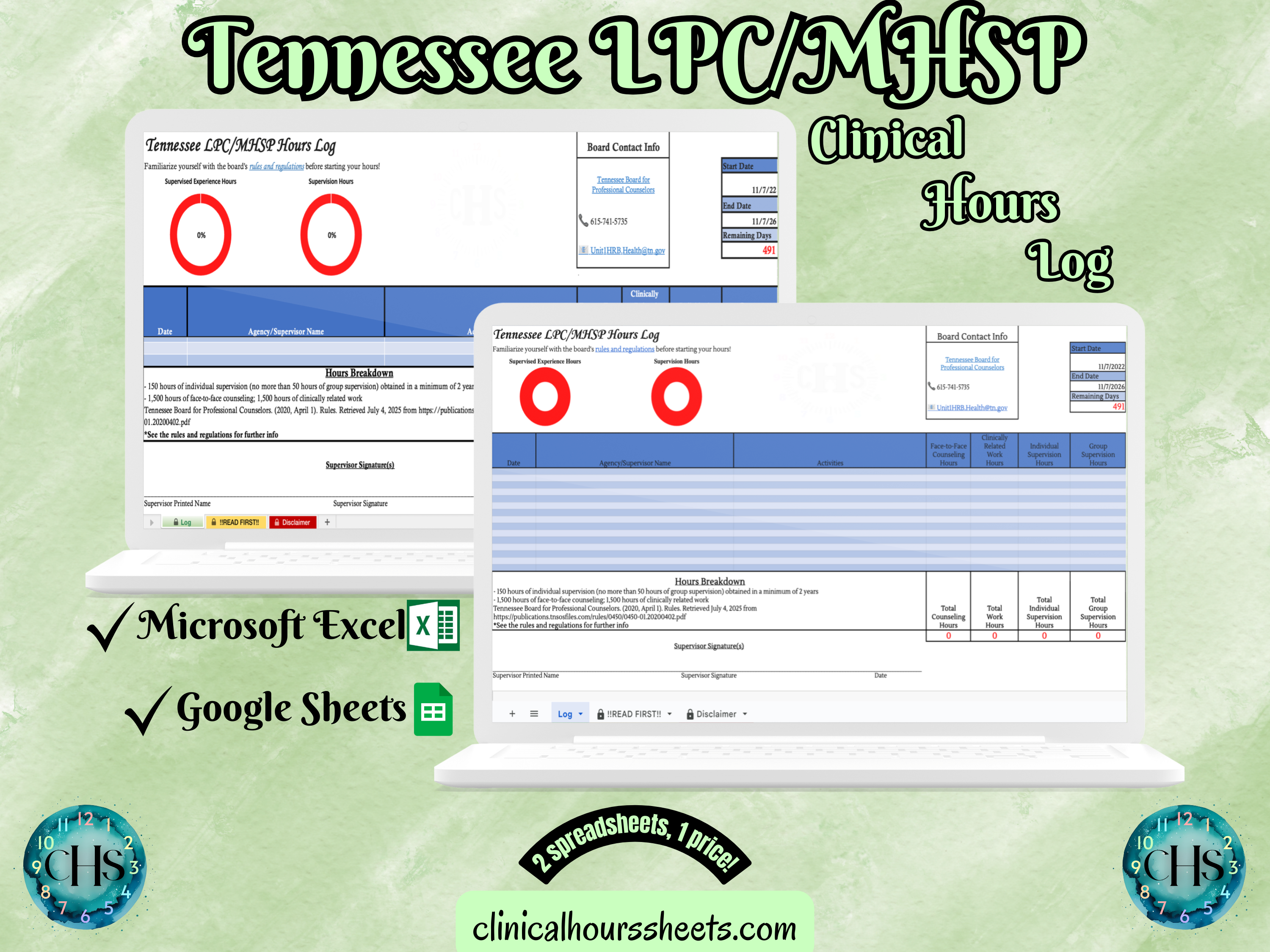 MHSP", "Clinical Hours Log", "Microsoft Excel" and "Google Sheets" to describe the software and its purpose.