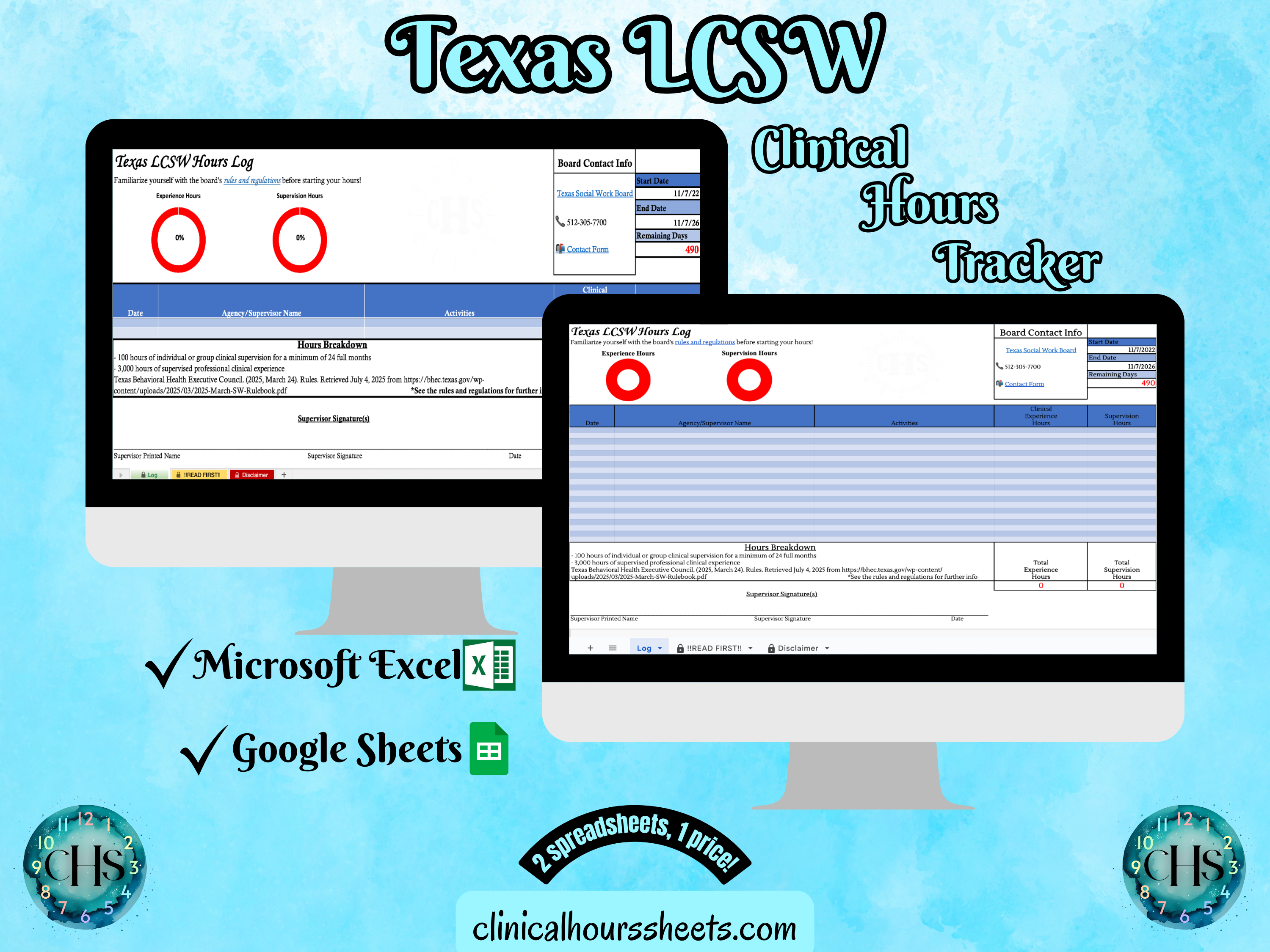The image is a promotional graphic for a Texas LCSW Clinical Hours Tracker, which is a software program used to track the hours worked by healthcare professionals. The graphic features a laptop displaying the Texas LCSW Hours Log, along with a Microsoft Excel and a Google Sheets spreadsheet. The text on the image includes the words "Texas LCSW", "Clinical Hours Tracker", "Microsoft Excel" and "Google Sheets" to describe the software and its purpose.