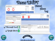 The image is a promotional graphic for a Texas LMFT Clinical Hours Log, which is a software program used to track the hours worked by healthcare professionals. The graphic features a laptop displaying the Texas LMFT Hours Log, along with a Microsoft Excel and a Google Sheets spreadsheet. The text on the image includes the words "Texas LMFT", "Clinical Hours Log", "Microsoft Excel" and "Google Sheets" to describe the software and its purpose.