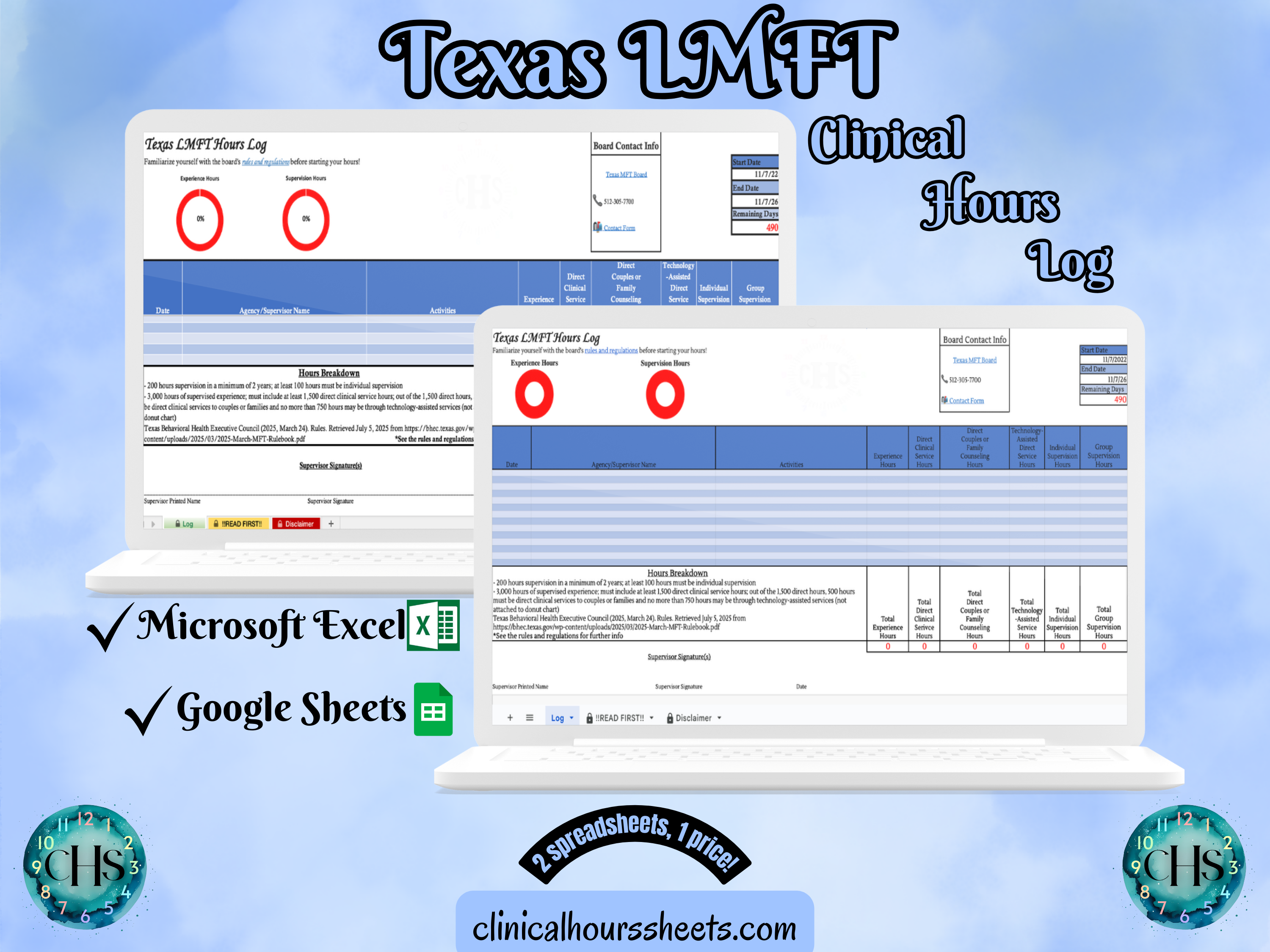 The image is a promotional graphic for a Texas LMFT Clinical Hours Log, which is a software program used to track the hours worked by healthcare professionals. The graphic features a laptop displaying the Texas LMFT Hours Log, along with a Microsoft Excel and a Google Sheets spreadsheet. The text on the image includes the words "Texas LMFT", "Clinical Hours Log", "Microsoft Excel" and "Google Sheets" to describe the software and its purpose.