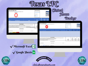 The image is a promotional graphic for a Texas LPC Clinical Hours Tracker, which is a software program used to track the hours worked by healthcare professionals. The graphic features a laptop displaying the Texas LPC Hours Log, along with a Microsoft Excel and a Google Sheets spreadsheet. The text on the image includes the words "Texas LPC", "Clinical Hours Tracker", "Microsoft Excel" and "Google Sheets" to describe the software and its purpose.