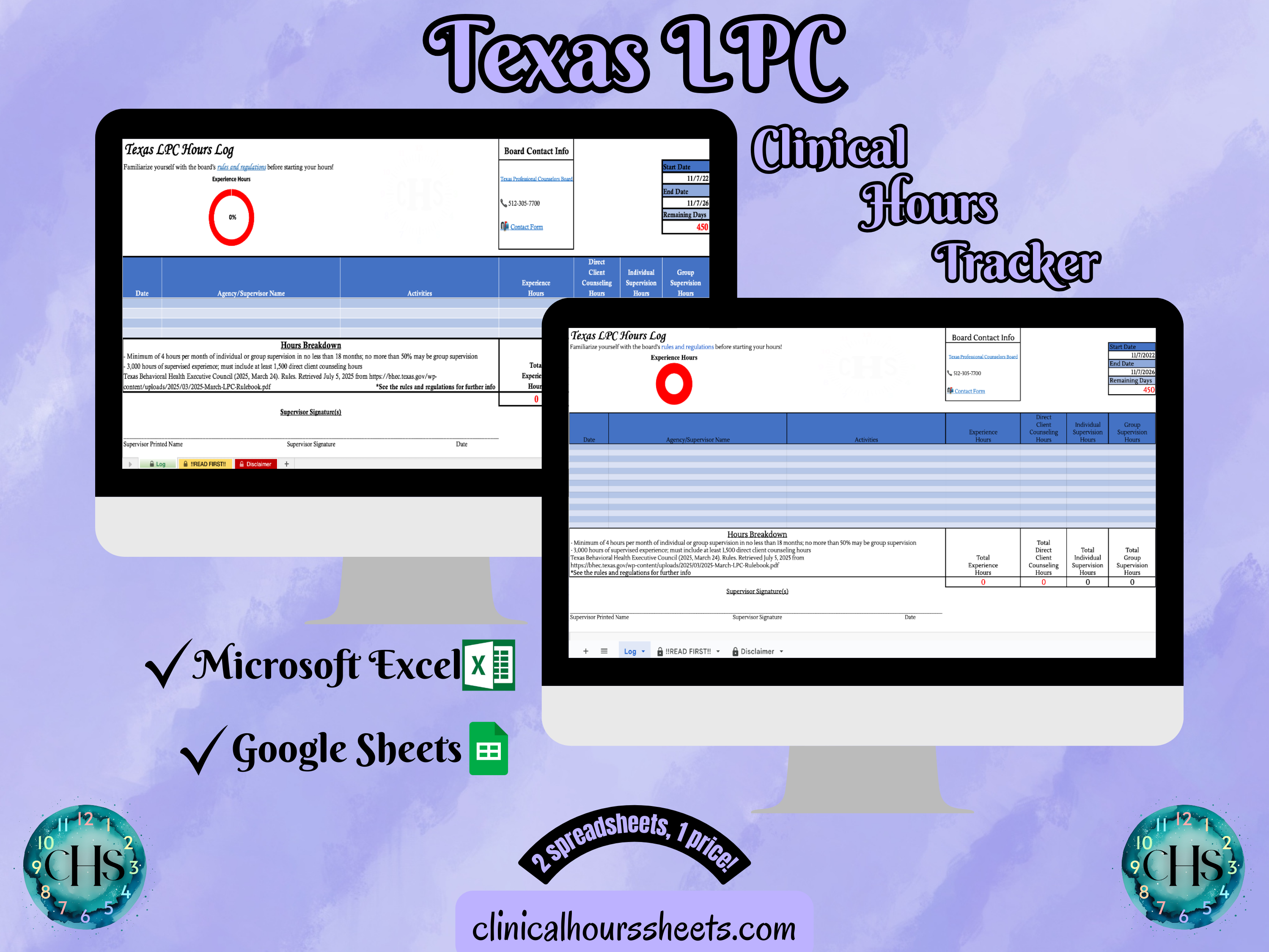 The image is a promotional graphic for a Texas LPC Clinical Hours Tracker, which is a software program used to track the hours worked by healthcare professionals. The graphic features a laptop displaying the Texas LPC Hours Log, along with a Microsoft Excel and a Google Sheets spreadsheet. The text on the image includes the words "Texas LPC", "Clinical Hours Tracker", "Microsoft Excel" and "Google Sheets" to describe the software and its purpose.