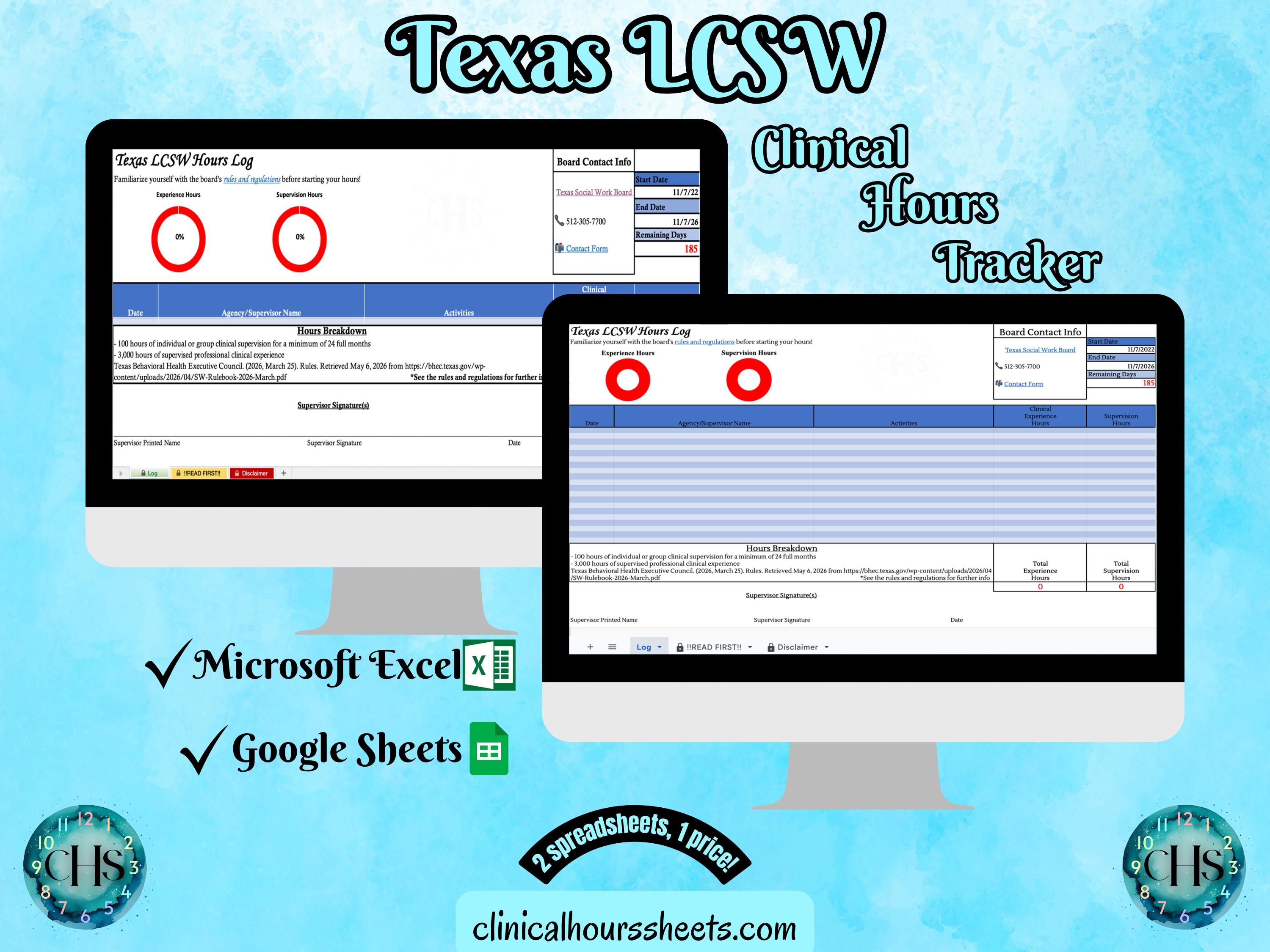 Texas, LCSW Hours Tracker, Clinical Supervision Log for Master Social Worker - MSW Student or MSW Graduation Gift