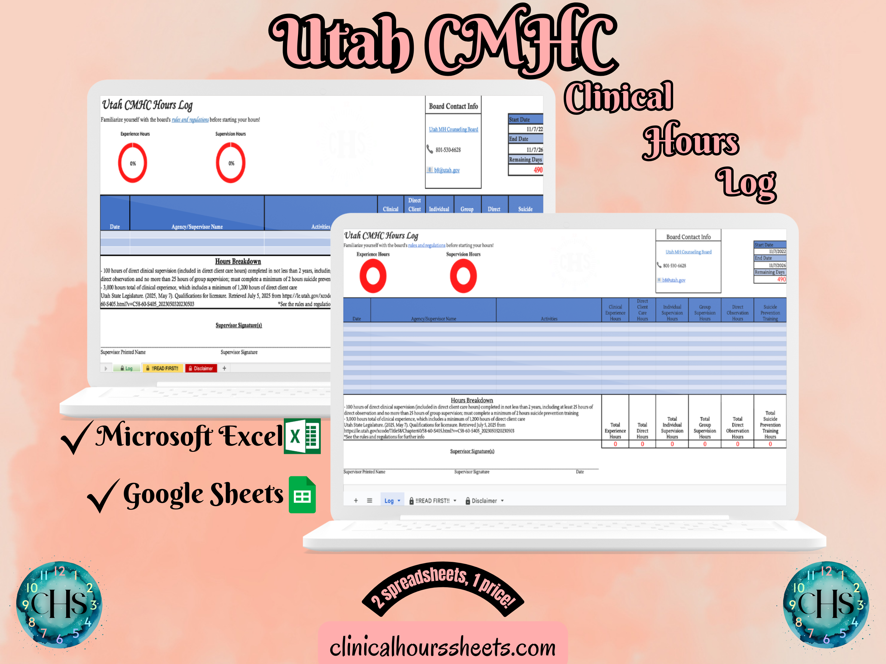 The image is a promotional graphic for a Utah CMHC Clinical Hours Log, which is a software program used to track the hours worked by healthcare professionals. The graphic features a laptop displaying the Utah CMHC Hours Log, along with a Microsoft Excel and a Google Sheets spreadsheet. The text on the image includes the words "Utah CMHC", "Clinical Hours Log", "Microsoft Excel" and "Google Sheets" to describe the software and its purpose.