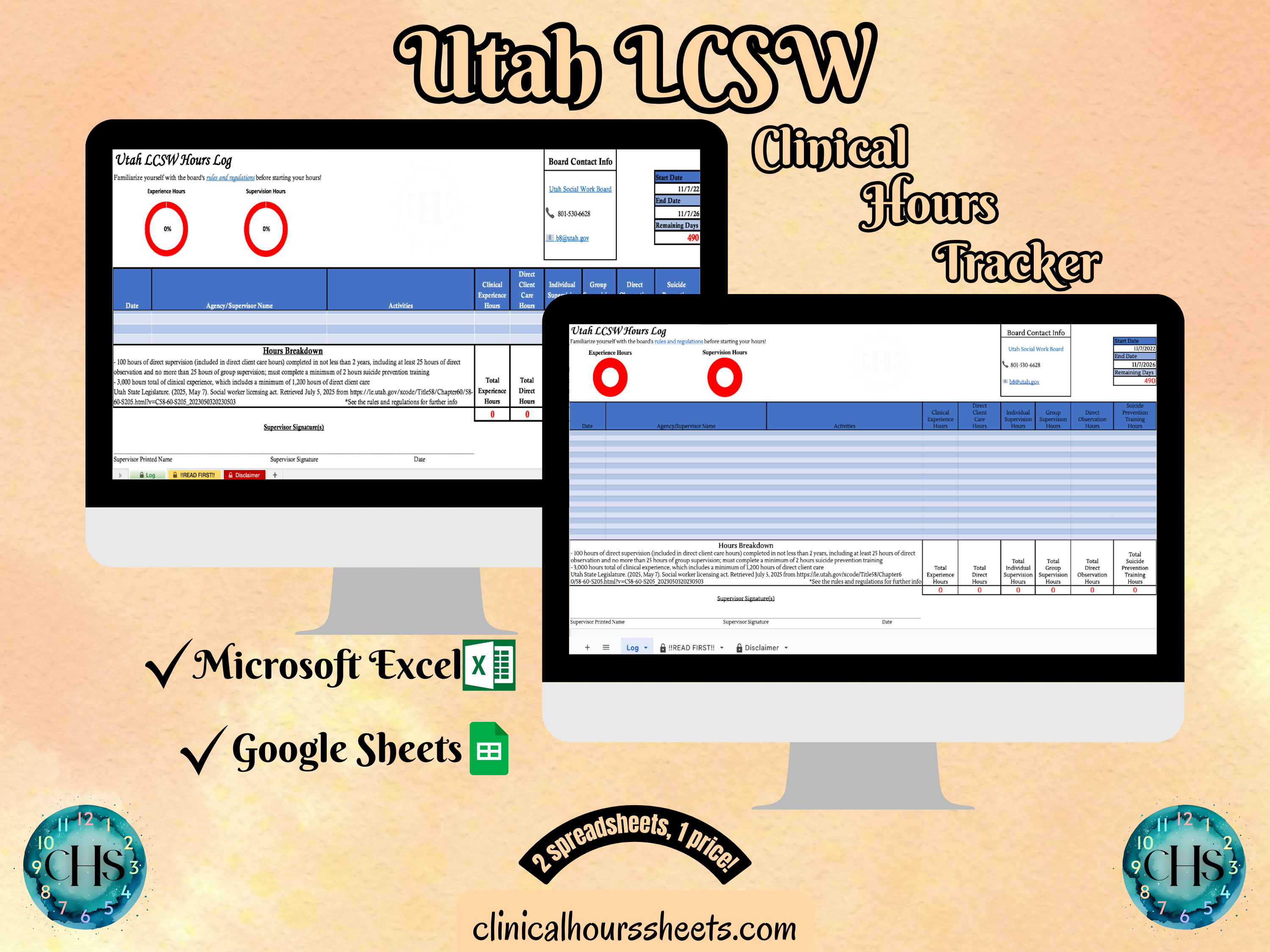 The image is a promotional graphic for a Utah LCSW Clinical Hours Tracker, which is a software program used to track the hours worked by healthcare professionals. The graphic features a laptop displaying the Utah LCSW Hours Log, along with a Microsoft Excel and a Google Sheets spreadsheet. The text on the image includes the words "Utah LCSW", "Clinical Hours Tracker", "Microsoft Excel" and "Google Sheets" to describe the software and its purpose.
