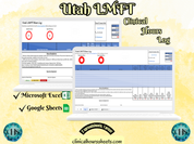 The image is a promotional graphic for a Utah LMFT Clinical Hours Log, which is a software program used to track the hours worked by healthcare professionals. The graphic features a laptop displaying the Utah LMFT Hours Log, along with a Microsoft Excel and a Google Sheets spreadsheet. The text on the image includes the words "Utah LMFT", "Clinical Hours Log", "Microsoft Excel" and "Google Sheets" to describe the software and its purpose.