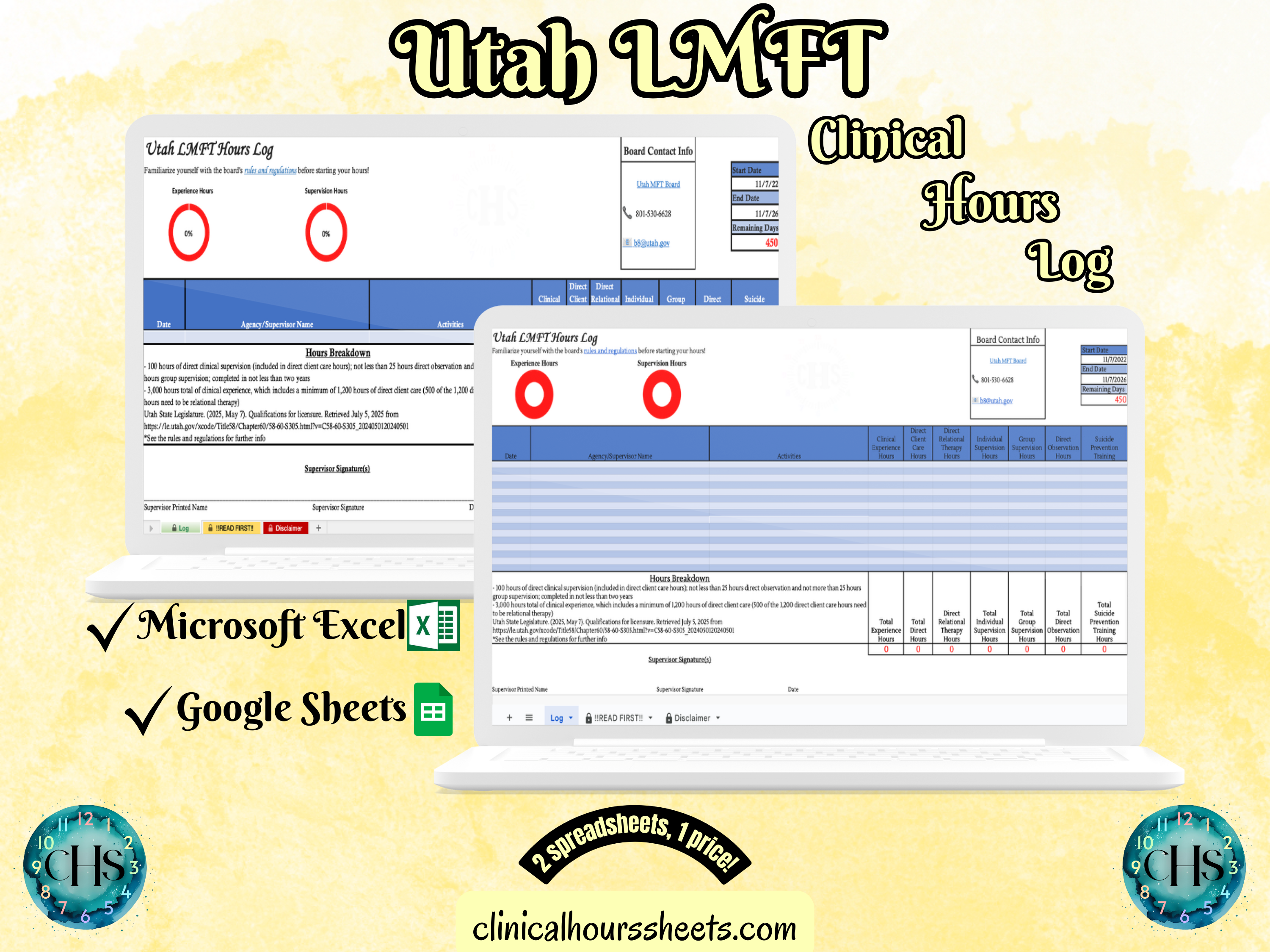 The image is a promotional graphic for a Utah LMFT Clinical Hours Log, which is a software program used to track the hours worked by healthcare professionals. The graphic features a laptop displaying the Utah LMFT Hours Log, along with a Microsoft Excel and a Google Sheets spreadsheet. The text on the image includes the words "Utah LMFT", "Clinical Hours Log", "Microsoft Excel" and "Google Sheets" to describe the software and its purpose.