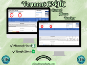 The image is a promotional graphic for a Vermont CMHC Clinical Hours Tracker, which is a software program used to track the hours worked by healthcare professionals. The graphic features a laptop displaying the Vermont CMHC Hours Log, along with a Microsoft Excel and a Google Sheets spreadsheet. The text on the image includes the words "Vermont CMHC", "Clinical Hours Tracker", "Microsoft Excel" and "Google Sheets" to describe the software and its purpose.