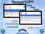 The image is a promotional graphic for a Vermont LMFT Clinical Hours Tracker, which is a software program used to track the hours worked by healthcare professionals. The graphic features a laptop displaying the Vermont LMFT Hours Log, along with a Microsoft Excel and a Google Sheets spreadsheet. The text on the image includes the words "Vermont LMFT", "Clinical Hours Tracker", "Microsoft Excel" and "Google Sheets" to describe the software and its purpose.