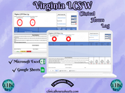 The image is a promotional graphic for a Virginia LCSW Clinical Hours Log, which is a software program used to track the hours worked by healthcare professionals. The graphic features a laptop displaying the Virginia LCSW Hours Log, along with a Microsoft Excel and a Google Sheets spreadsheet. The text on the image includes the words "Virginia LCSW", "Clinical Hours Log", "Microsoft Excel" and "Google Sheets" to describe the software and its purpose.